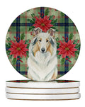 White Collie Christmas PoinsettIas Large Sandstone Coasters Pack of 4 Absorbent Round Coasters Decor Gifts for Men or Women, 4 in, Multicolor