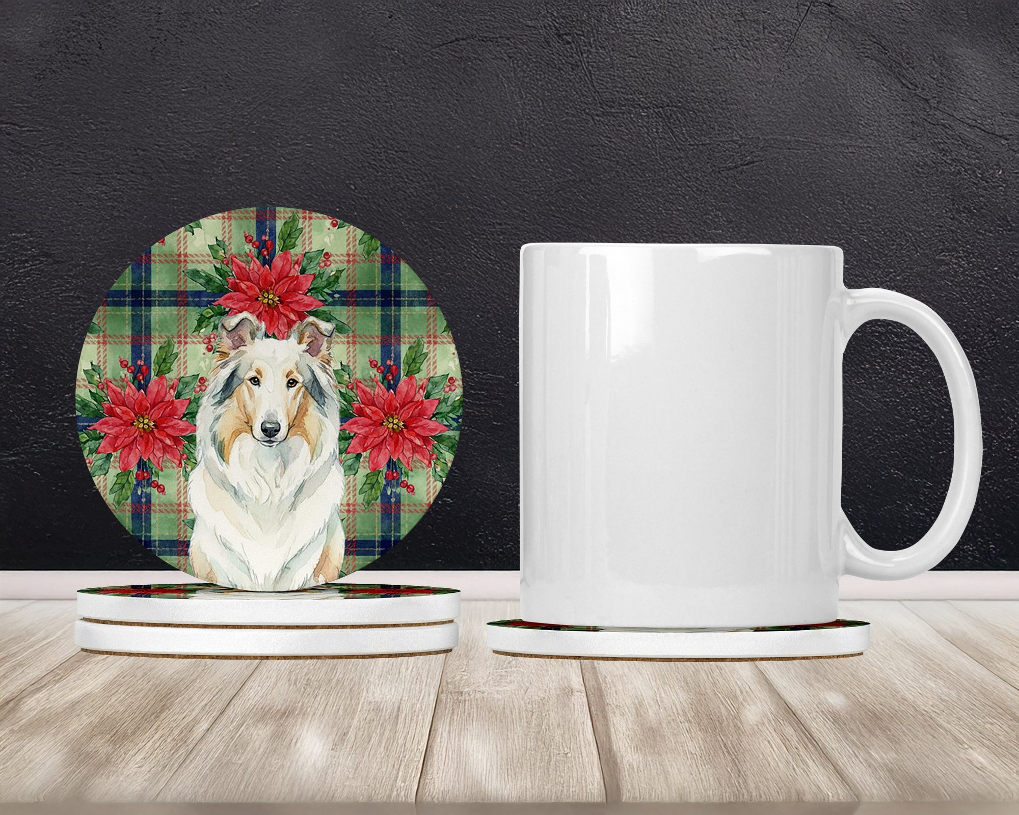 White Collie Christmas PoinsettIas Large Sandstone Coasters Pack of 4 Absorbent Round Coasters Decor Gifts for Men or Women, 4 in, Multicolor