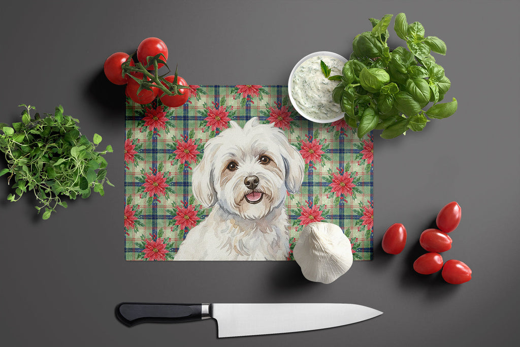 Coton de Tulear Christmas PoinsettIas Cutting Board Tempered Glass Kitchen Cutting Surface, Heat Resistant Chopping, Non-Slip Feet, Food Prep & Serving