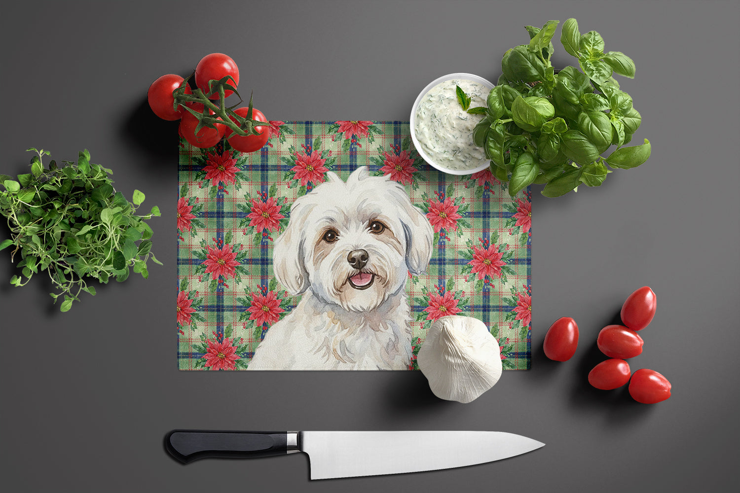 Coton de Tulear Christmas PoinsettIas Cutting Board Tempered Glass Kitchen Cutting Surface, Heat Resistant Chopping, Non-Slip Feet, Food Prep & Serving