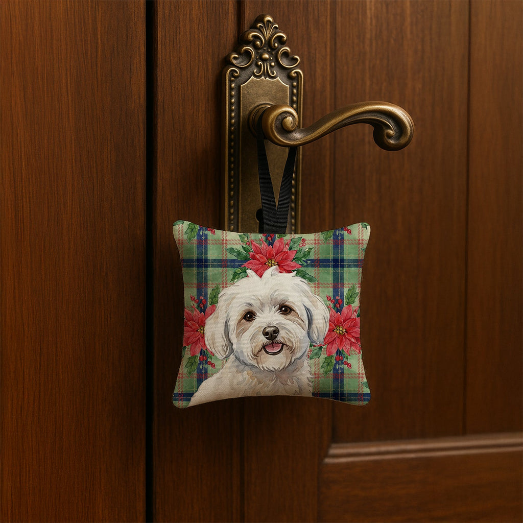 Coton de Tulear Christmas PoinsettIas Hanging Square Fabric Ornament 3.5 � 3.5 Decorative Door-Knob & Tree Hanger, Soft Fabric
