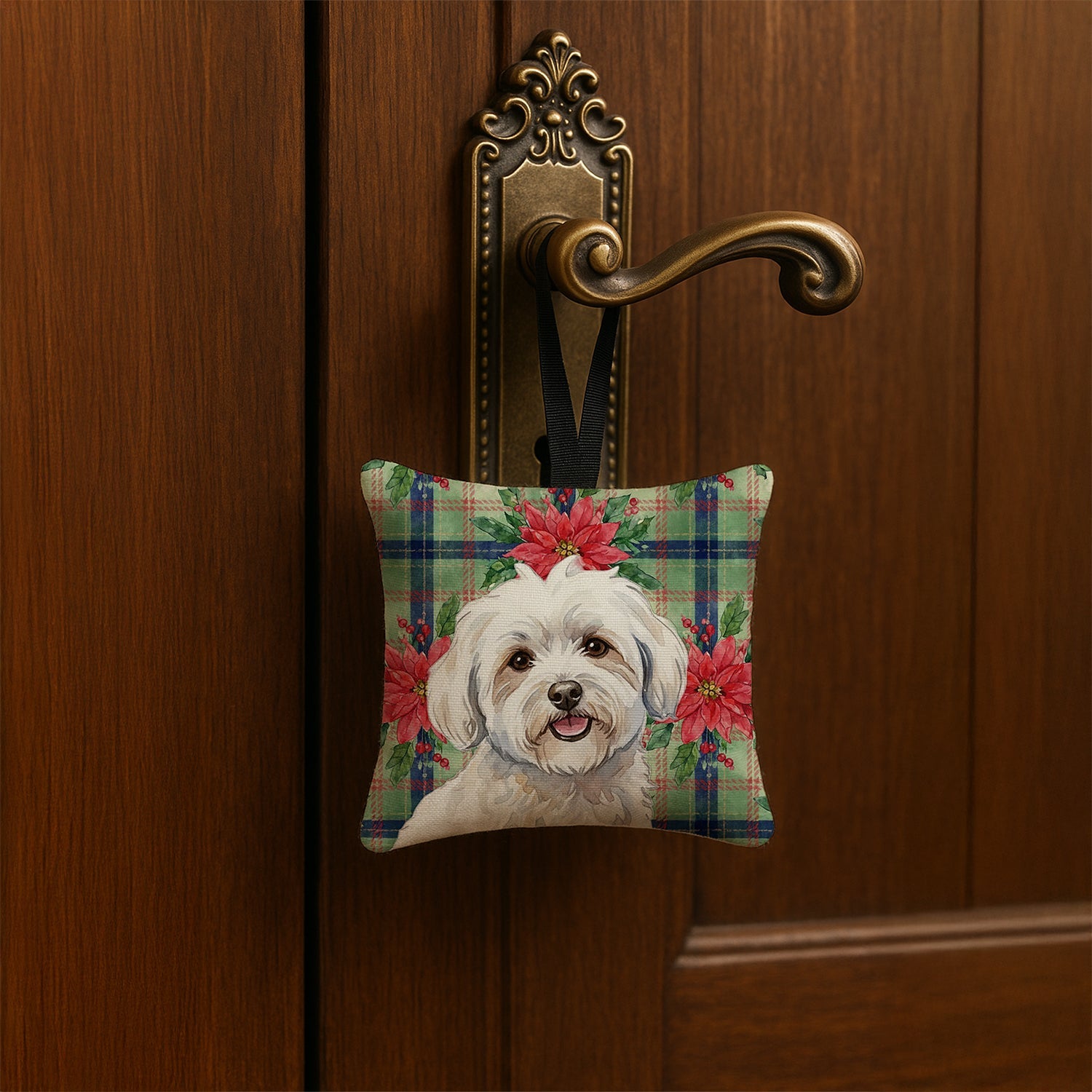 Coton de Tulear Christmas PoinsettIas Hanging Square Fabric Ornament 3.5 � 3.5 Decorative Door-Knob & Tree Hanger, Soft Fabric