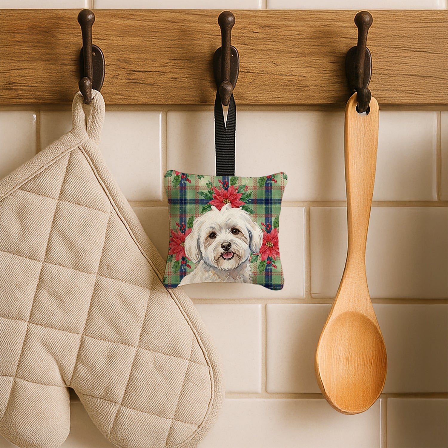 Coton de Tulear Christmas PoinsettIas Hanging Square Fabric Ornament 3.5 � 3.5 Decorative Door-Knob & Tree Hanger, Soft Fabric