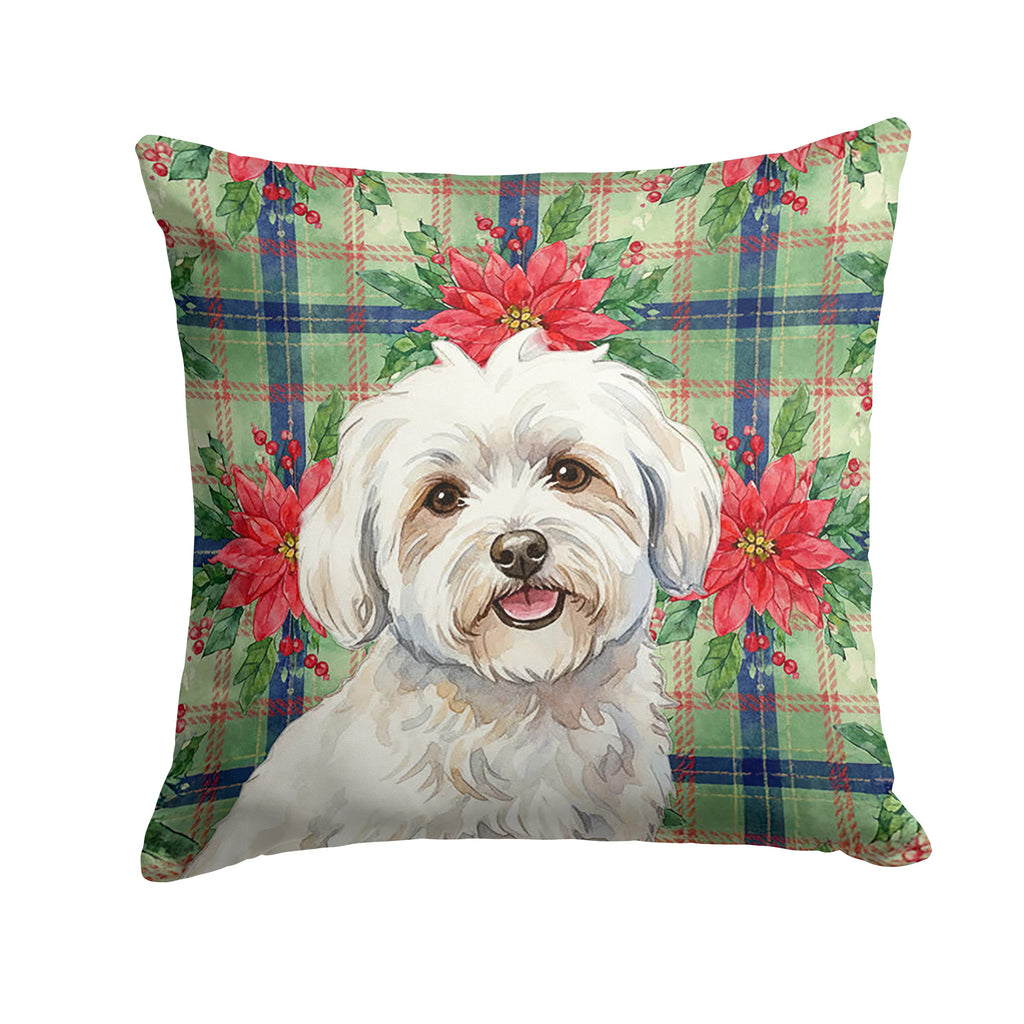 Coton de Tulear Christmas PoinsettIas Decorative Throw Pillow 14x14 Indoor Outdoor Accent Cushion, Fabric Cover with Insert for Sofa, Bed, Porch & Living Room