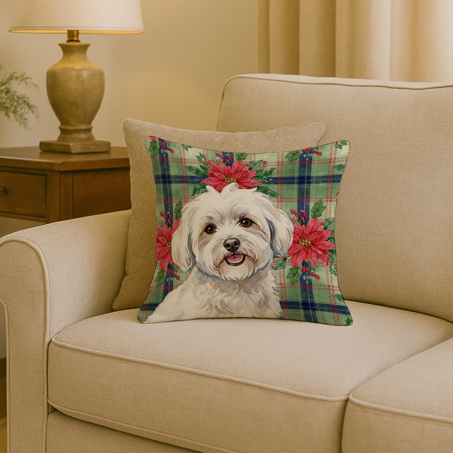Coton de Tulear Christmas PoinsettIas Decorative Throw Pillow 18x18 Indoor Outdoor Accent Cushion, Fabric Cover with Insert for Sofa, Bed, Porch & Living Room
