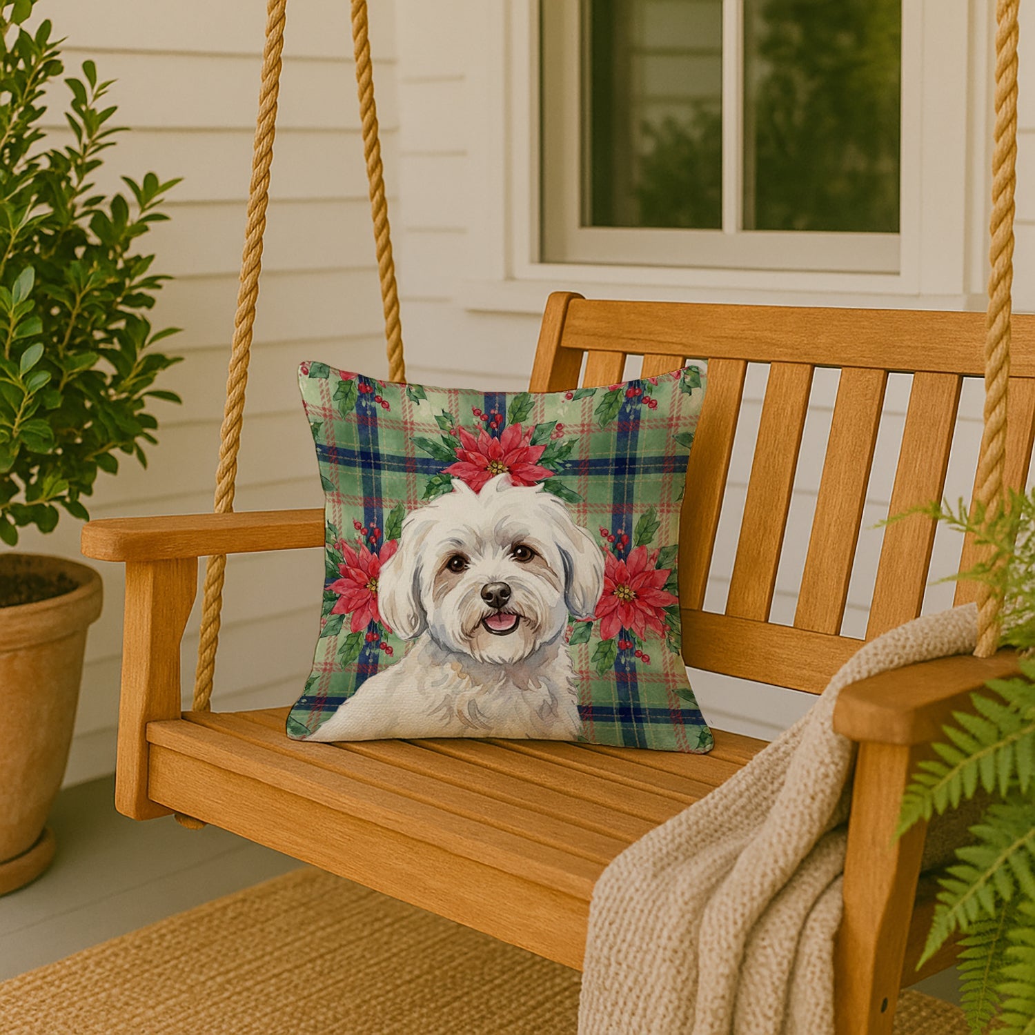 Coton de Tulear Christmas PoinsettIas Decorative Throw Pillow 18x18 Indoor Outdoor Accent Cushion, Fabric Cover with Insert for Sofa, Bed, Porch & Living Room