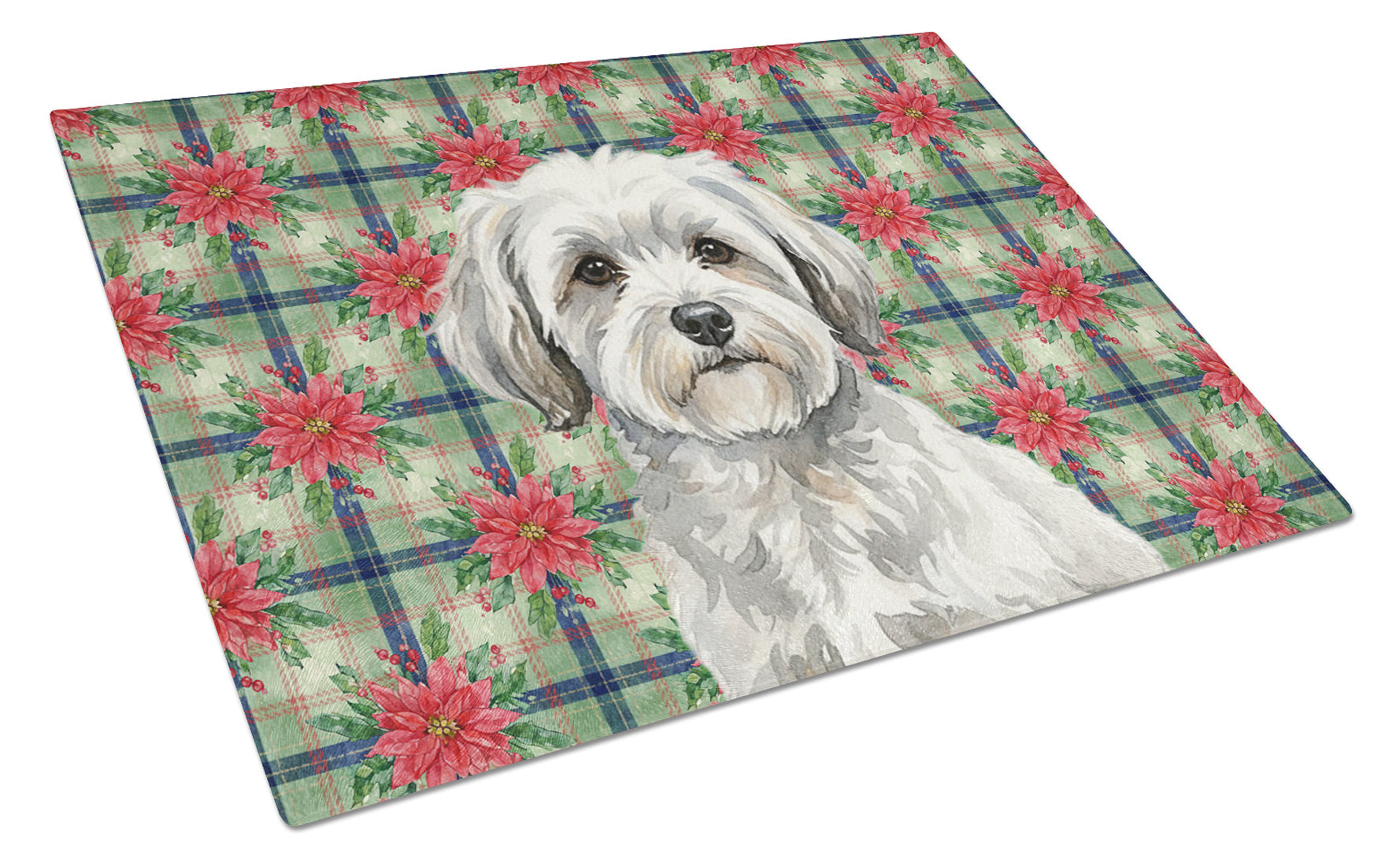 White with Gray Coton de Tulear Christmas PoinsettIas Cutting Board Tempered Glass Kitchen Cutting Surface, Heat Resistant Chopping, Non-Slip Feet, Food Prep & Serving