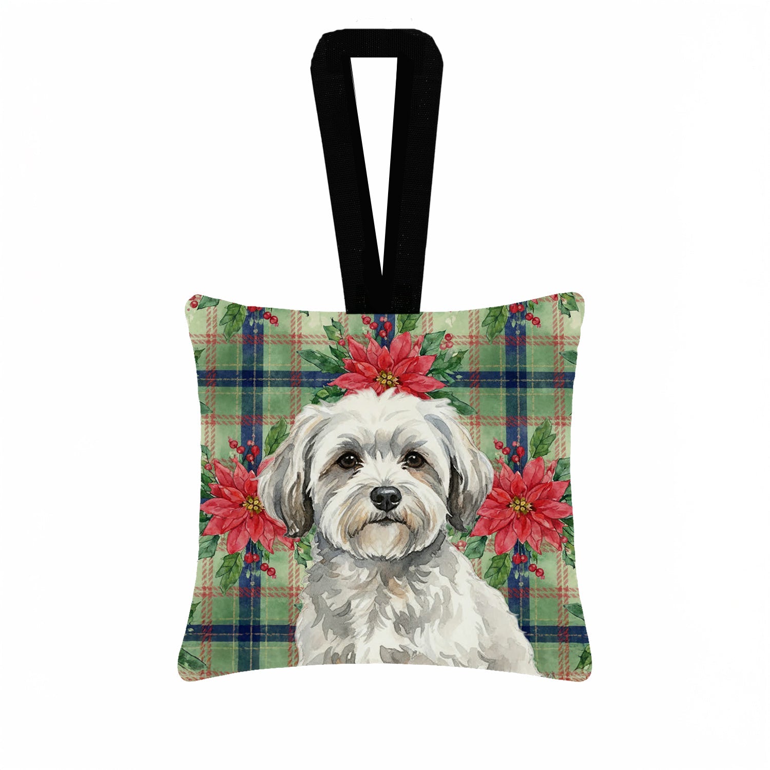 White with Gray Coton de Tulear Christmas PoinsettIas Hanging Square Fabric Ornament 3.5 � 3.5 Decorative Door-Knob & Tree Hanger, Soft Fabric