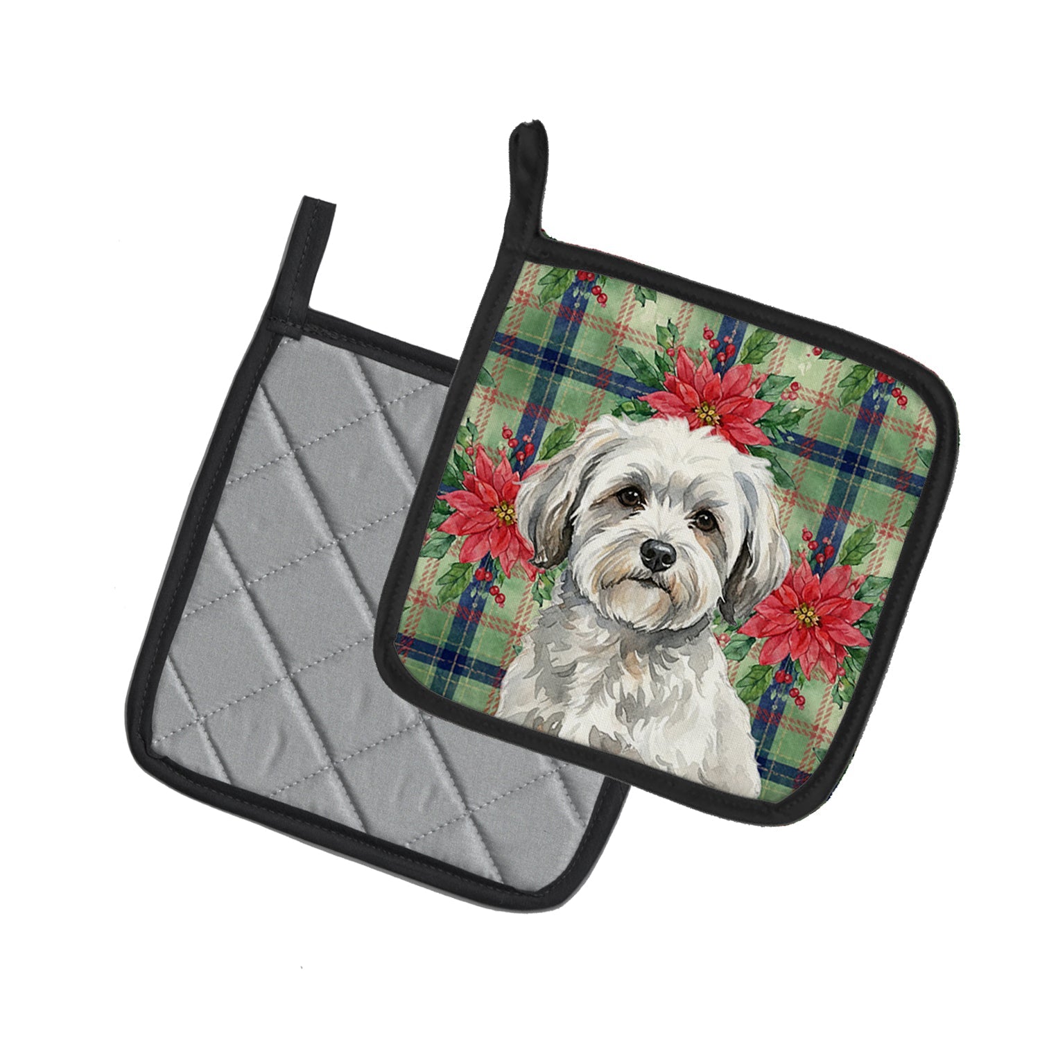 White with Gray Coton de Tulear Christmas PoinsettIas Pot Holder Set of 2 Heat Resistant Quilted Hot Pads 7.5 x 7.5 Inch, Insulated Kitchen Trivets for Cooking & Baking