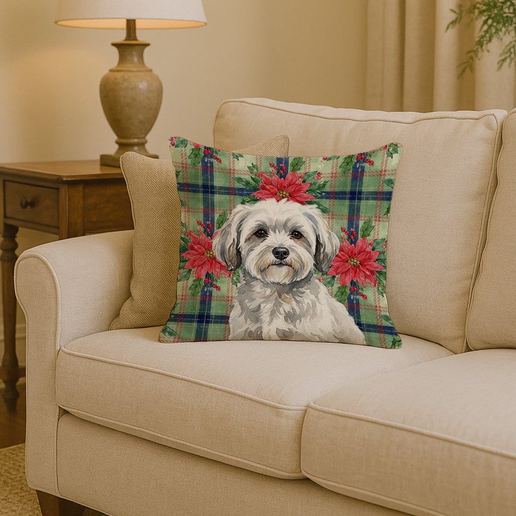 White with Gray Coton de Tulear Christmas PoinsettIas Decorative Throw Pillow 14x14 Indoor Outdoor Accent Cushion, Fabric Cover with Insert for Sofa, Bed, Porch & Living Room