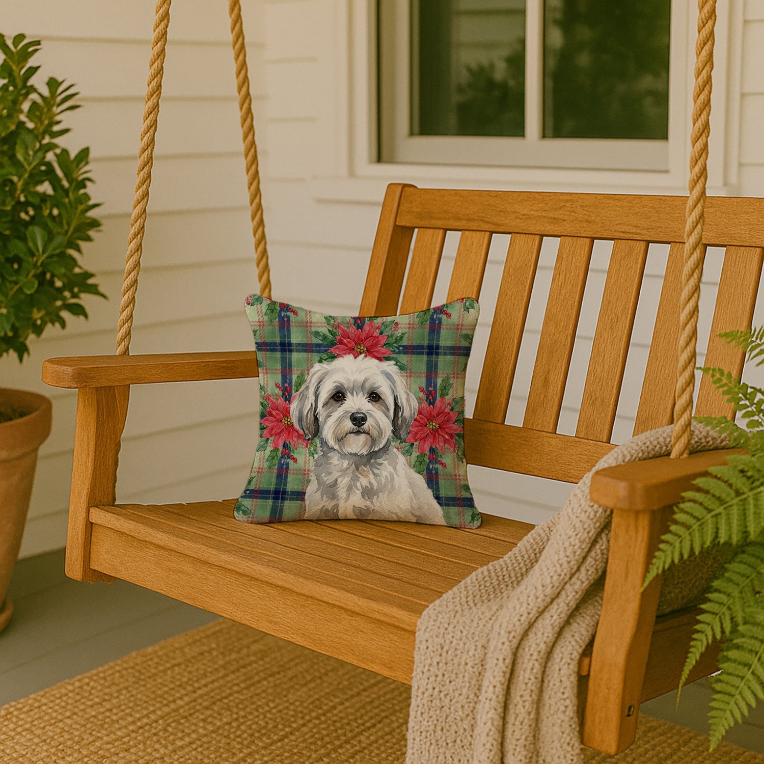 White with Gray Coton de Tulear Christmas PoinsettIas Decorative Throw Pillow 14x14 Indoor Outdoor Accent Cushion, Fabric Cover with Insert for Sofa, Bed, Porch & Living Room