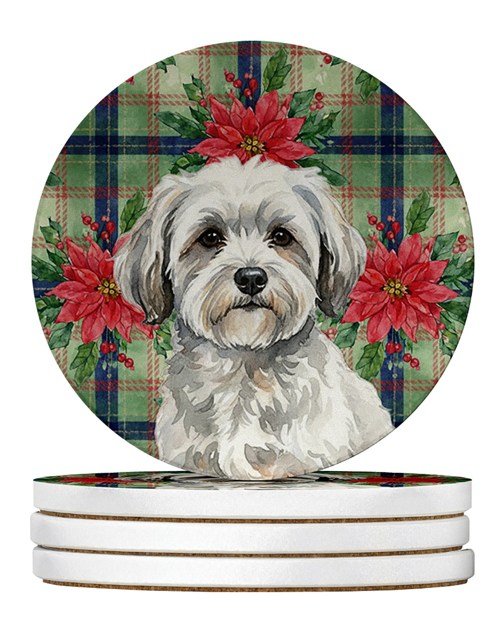 White with Gray Coton de Tulear Christmas PoinsettIas Large Sandstone Coasters Pack of 4 Absorbent Round Coasters Decor Gifts for Men or Women, 4 in, Multicolor