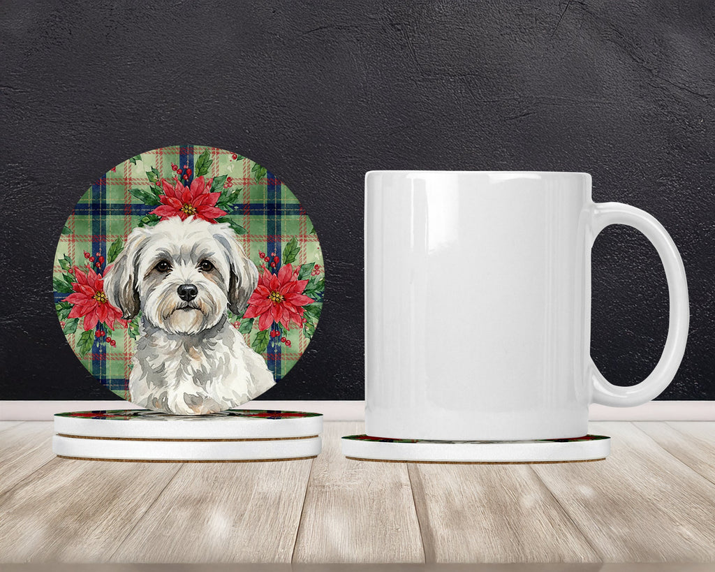 White with Gray Coton de Tulear Christmas PoinsettIas Large Sandstone Coasters Pack of 4 Absorbent Round Coasters Decor Gifts for Men or Women, 4 in, Multicolor