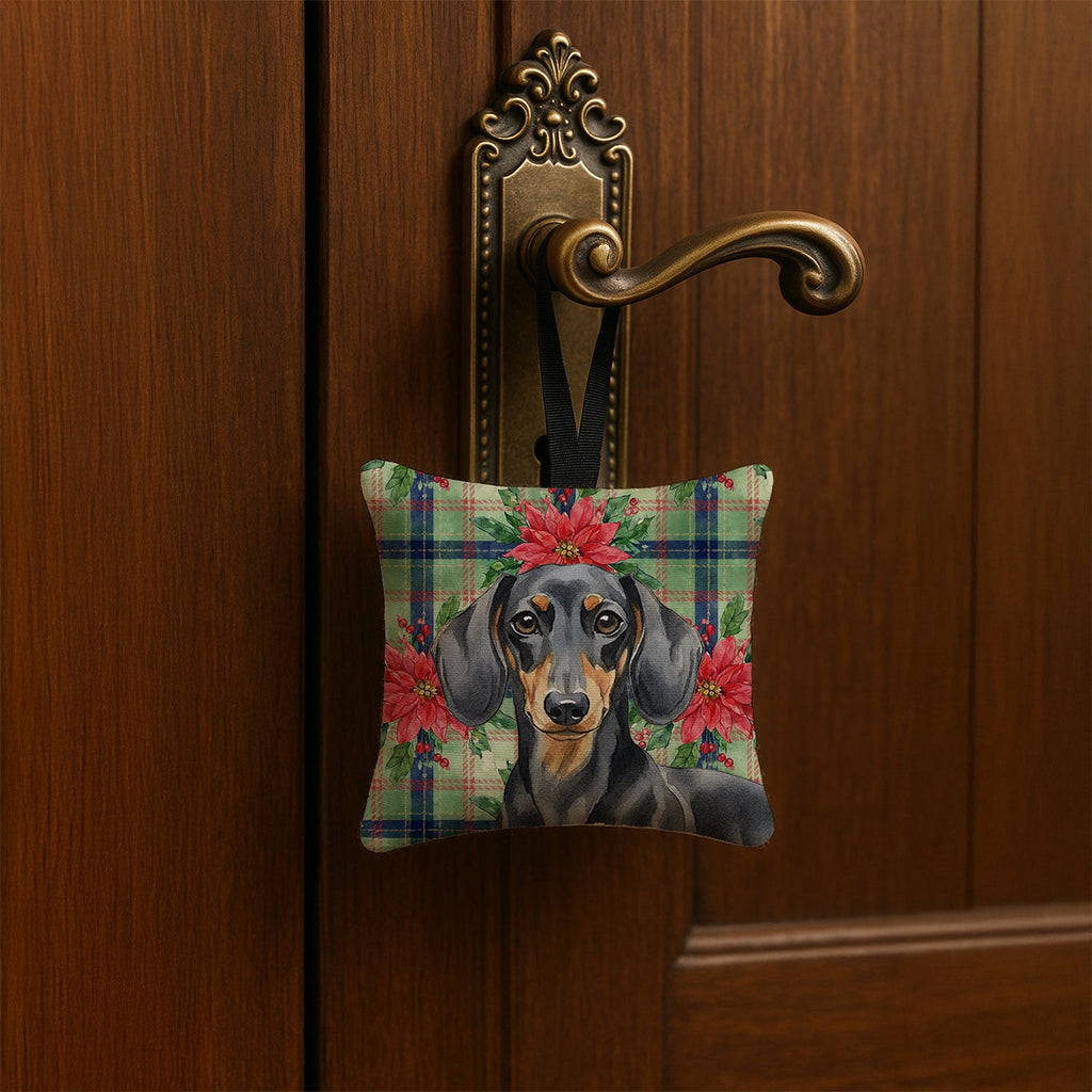 Black and Tan Dachshund Christmas PoinsettIas Hanging Square Fabric Ornament 3.5 � 3.5 Decorative Door-Knob & Tree Hanger, Soft Fabric