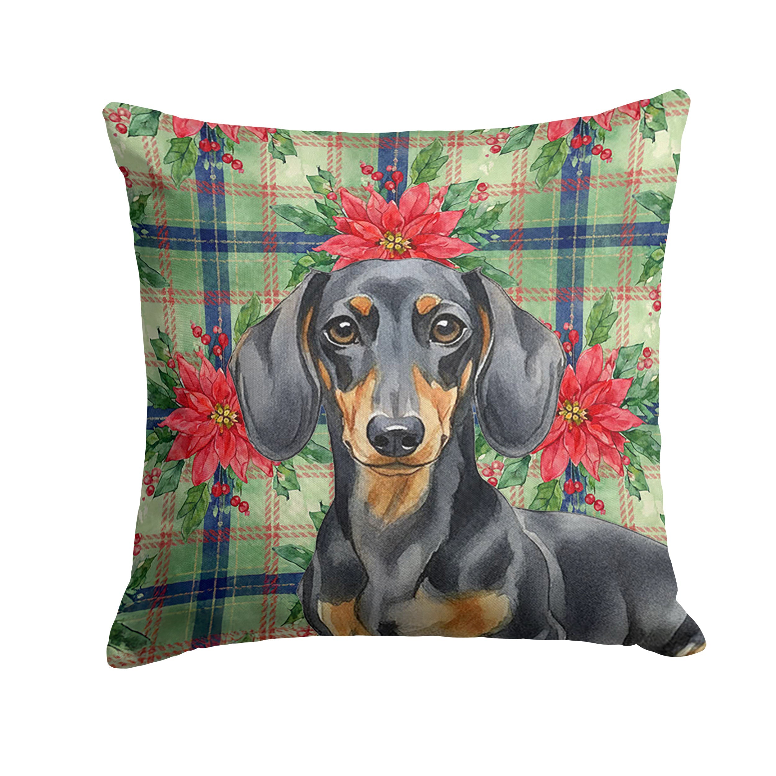 Black and Tan Dachshund Christmas PoinsettIas Decorative Throw Pillow 14x14 Indoor Outdoor Accent Cushion, Fabric Cover with Insert for Sofa, Bed, Porch & Living Room