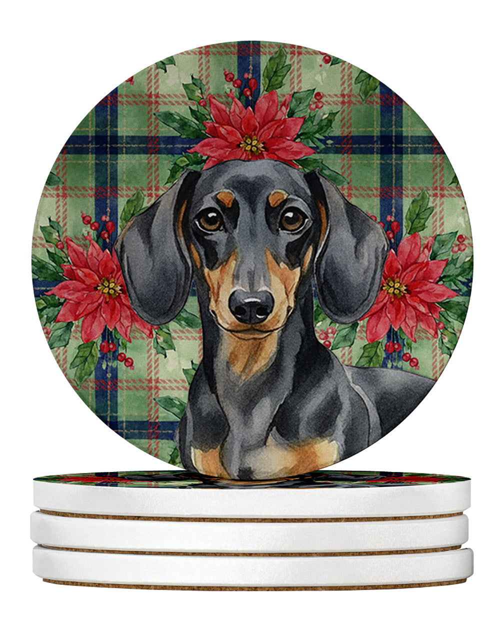 Black and Tan Dachshund Christmas PoinsettIas Large Sandstone Coasters Pack of 4 Absorbent Round Coasters Decor Gifts for Men or Women, 4 in, Multicolor