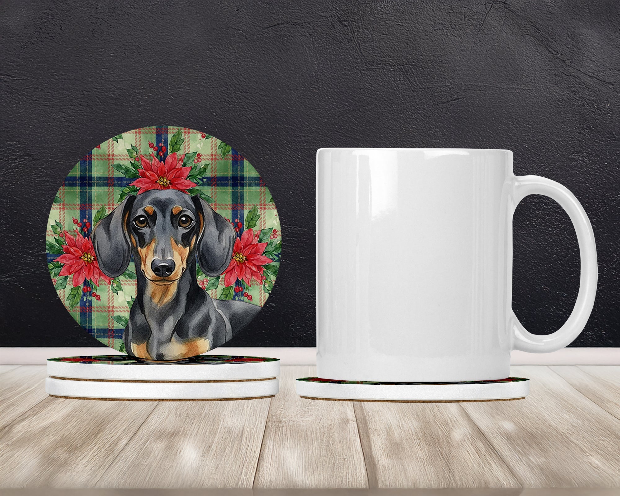 Black and Tan Dachshund Christmas PoinsettIas Large Sandstone Coasters Pack of 4 Absorbent Round Coasters Decor Gifts for Men or Women, 4 in, Multicolor