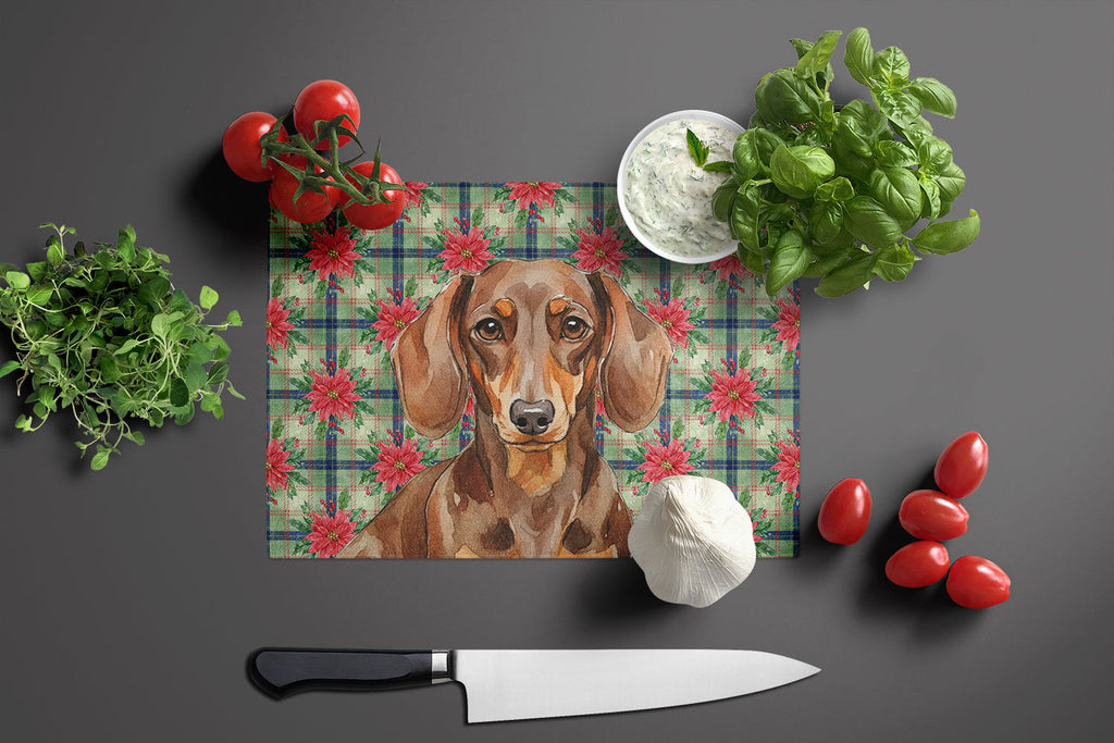 Chocolate and Tan Dachshund Christmas PoinsettIas Cutting Board Tempered Glass Kitchen Cutting Surface, Heat Resistant Chopping, Non-Slip Feet, Food Prep & Serving