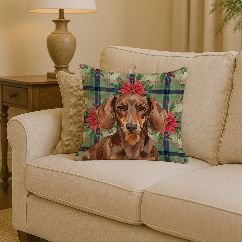 Chocolate and Tan Dachshund Christmas PoinsettIas Decorative Throw Pillow 14x14 Indoor Outdoor Accent Cushion, Fabric Cover with Insert for Sofa, Bed, Porch & Living Room