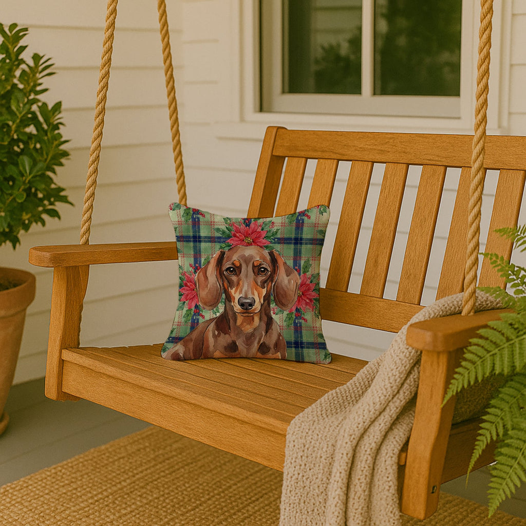 Chocolate and Tan Dachshund Christmas PoinsettIas Decorative Throw Pillow 14x14 Indoor Outdoor Accent Cushion, Fabric Cover with Insert for Sofa, Bed, Porch & Living Room