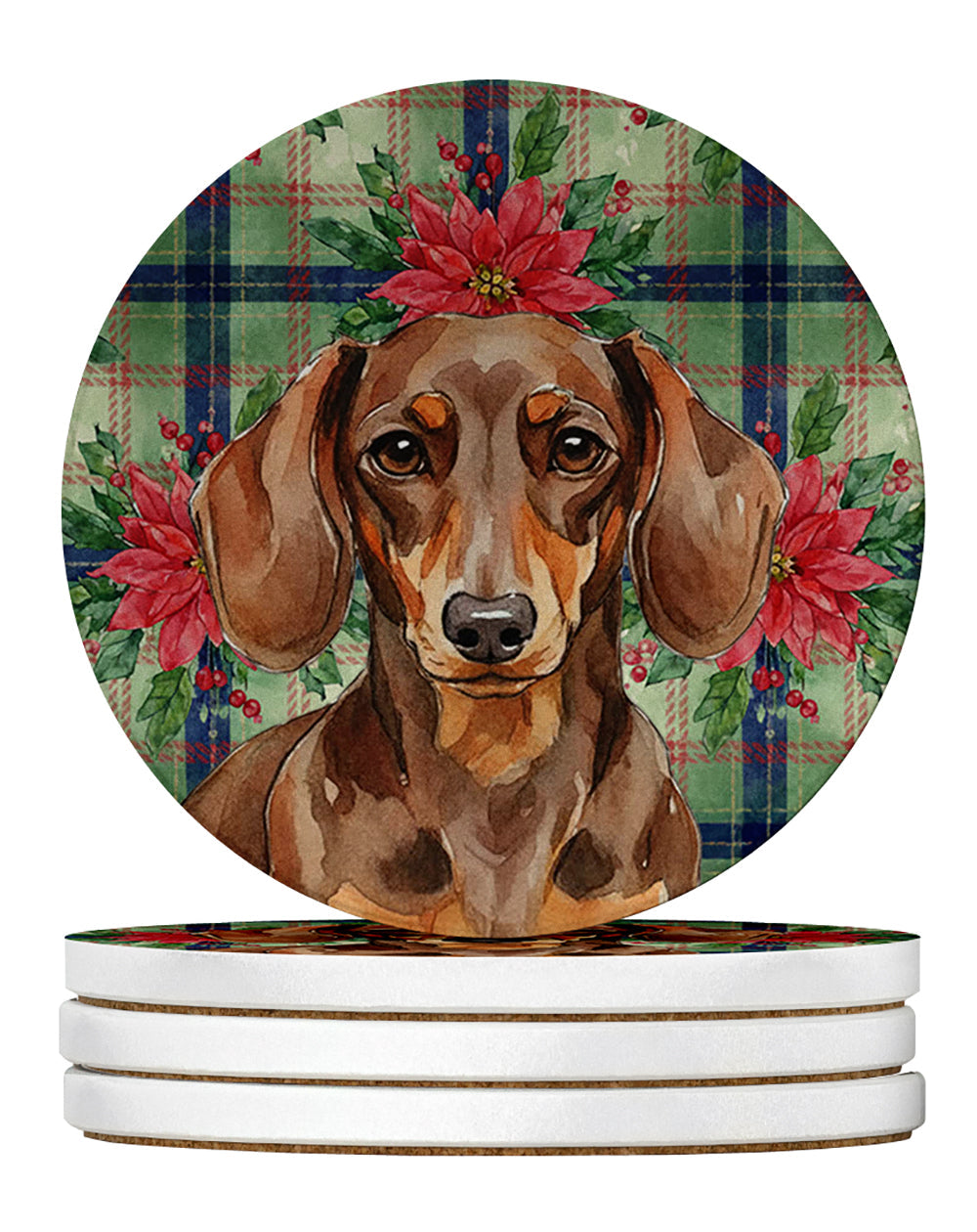 Chocolate and Tan Dachshund Christmas PoinsettIas Large Sandstone Coasters Pack of 4 Absorbent Round Coasters Decor Gifts for Men or Women, 4 in, Multicolor