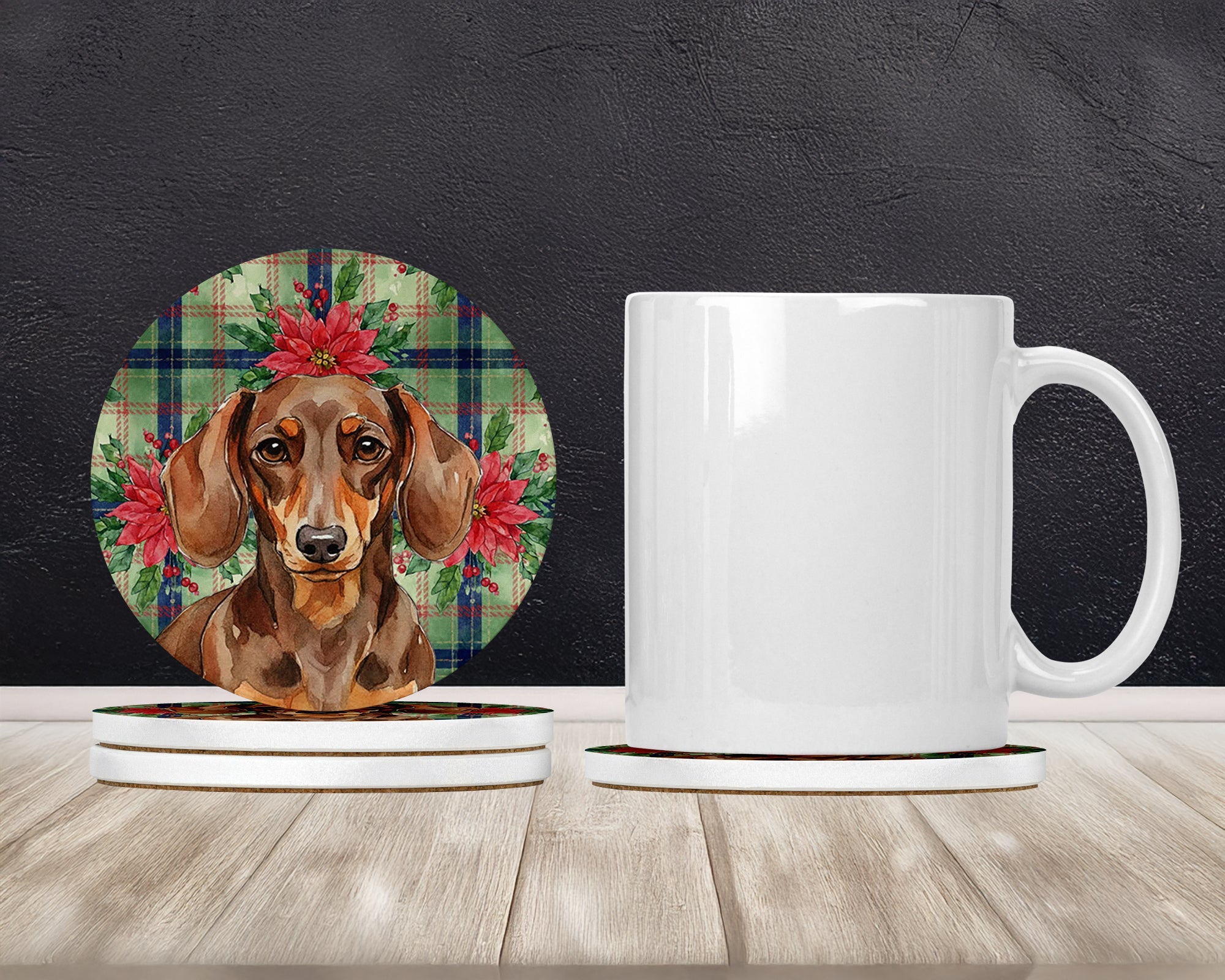 Chocolate and Tan Dachshund Christmas PoinsettIas Large Sandstone Coasters Pack of 4 Absorbent Round Coasters Decor Gifts for Men or Women, 4 in, Multicolor