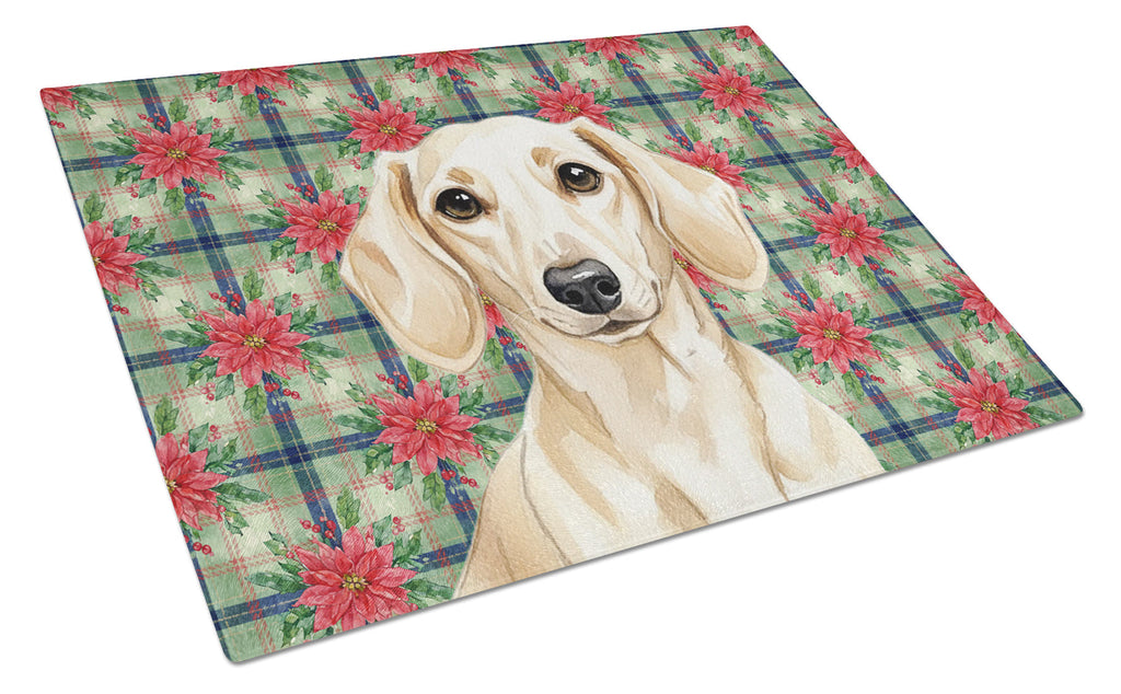 Cream Dachshund Christmas PoinsettIas Cutting Board Tempered Glass Kitchen Cutting Surface, Heat Resistant Chopping, Non-Slip Feet, Food Prep & Serving