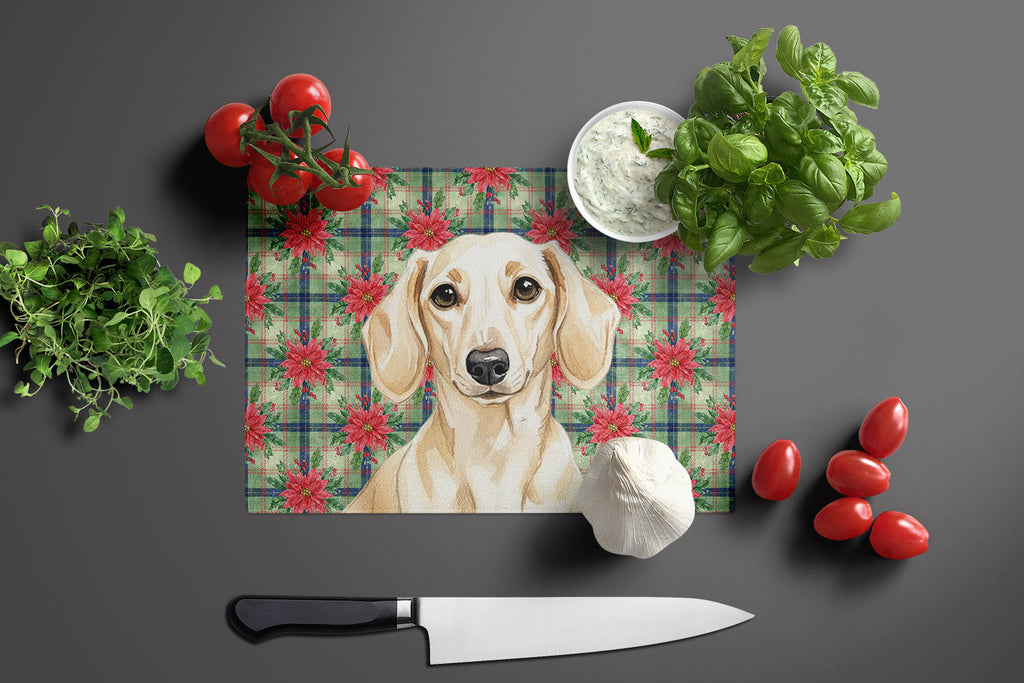 Cream Dachshund Christmas PoinsettIas Cutting Board Tempered Glass Kitchen Cutting Surface, Heat Resistant Chopping, Non-Slip Feet, Food Prep & Serving
