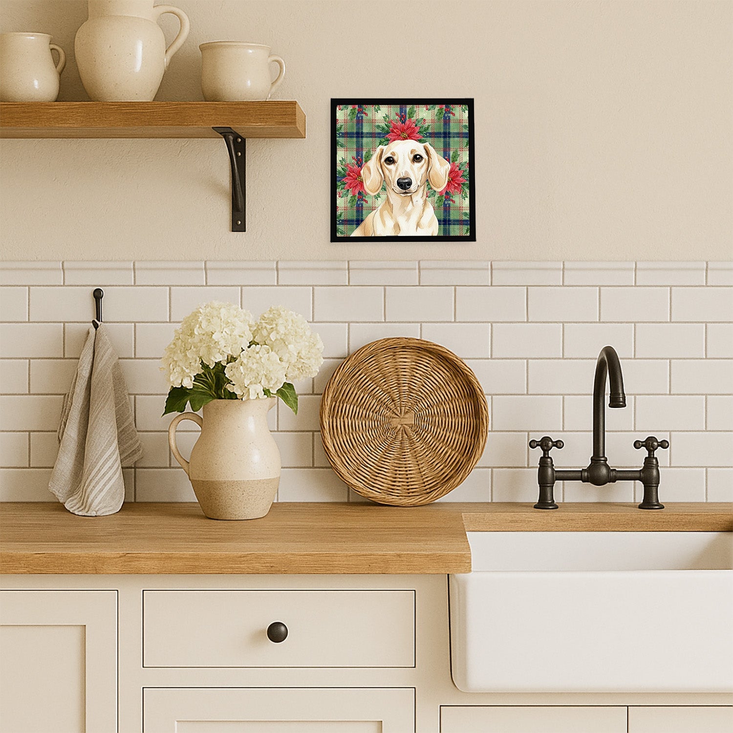 Cream Dachshund Christmas PoinsettIas Framed Metal Print Bathroom, Kitchen, Office, Home Decor Wall Art Ready to Hang, Square, 8X8