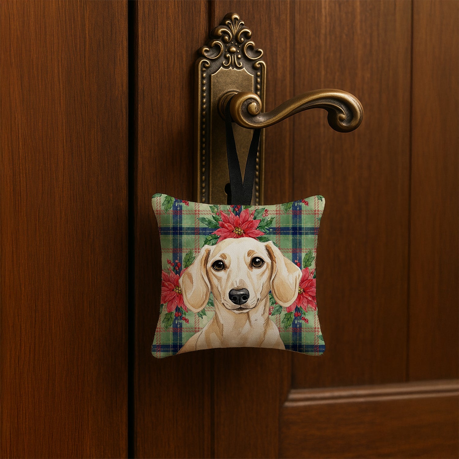 Cream Dachshund Christmas PoinsettIas Hanging Square Fabric Ornament 3.5 � 3.5 Decorative Door-Knob & Tree Hanger, Soft Fabric