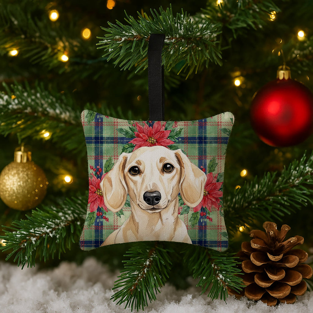Cream Dachshund Christmas PoinsettIas Hanging Square Fabric Ornament 3.5 � 3.5 Decorative Door-Knob & Tree Hanger, Soft Fabric