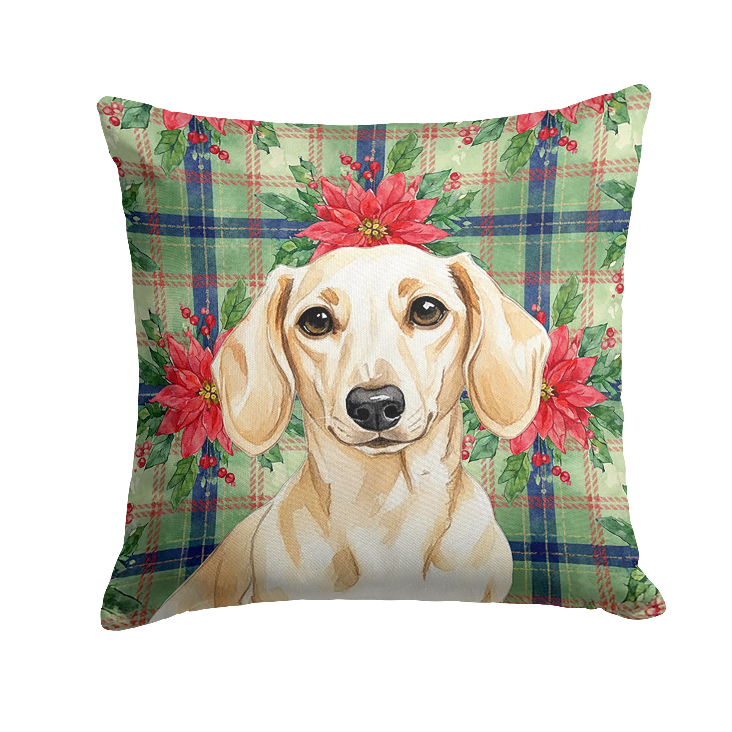 Cream Dachshund Christmas PoinsettIas Decorative Throw Pillow 14x14 Indoor Outdoor Accent Cushion, Fabric Cover with Insert for Sofa, Bed, Porch & Living Room