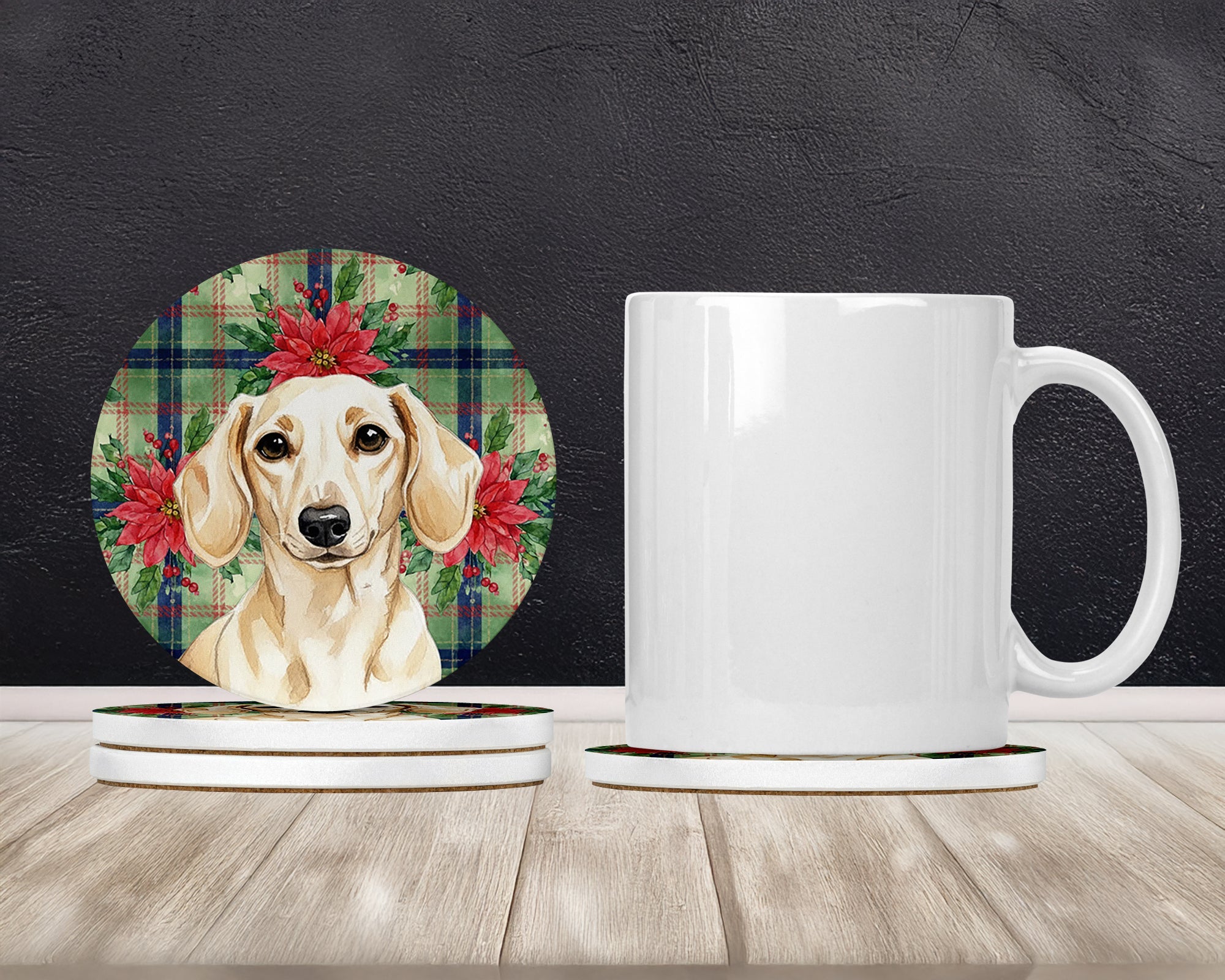 Cream Dachshund Christmas PoinsettIas Large Sandstone Coasters Pack of 4 Absorbent Round Coasters Decor Gifts for Men or Women, 4 in, Multicolor