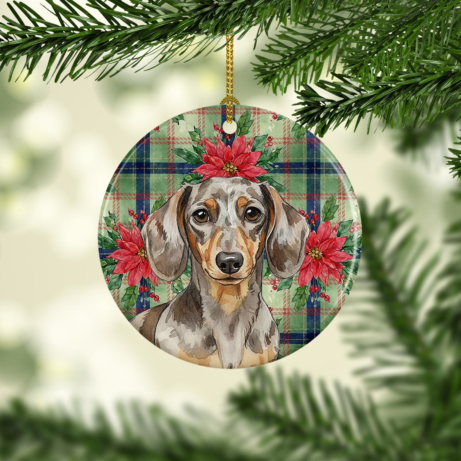 Dapple Dachshund Christmas PoinsettIas Ceramic Ornament Christmas Tree Hanging Decorations for Home Christmas Holiday, Party, Gift, 3 in, Multicolor