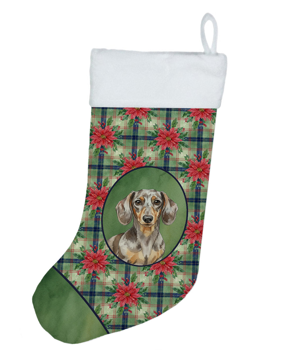 Dapple Dachshund Christmas PoinsettIas Holiday Stocking Double-Sided Print, Polyester Suede,11x18, Made in USA