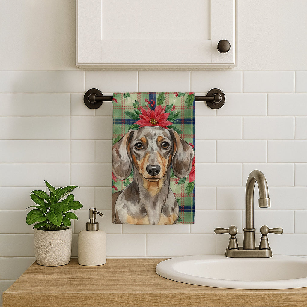 Dapple Dachshund Christmas PoinsettIas Kitchen Towel Velour Plush Front and Cotton Loop Back Machine Washable