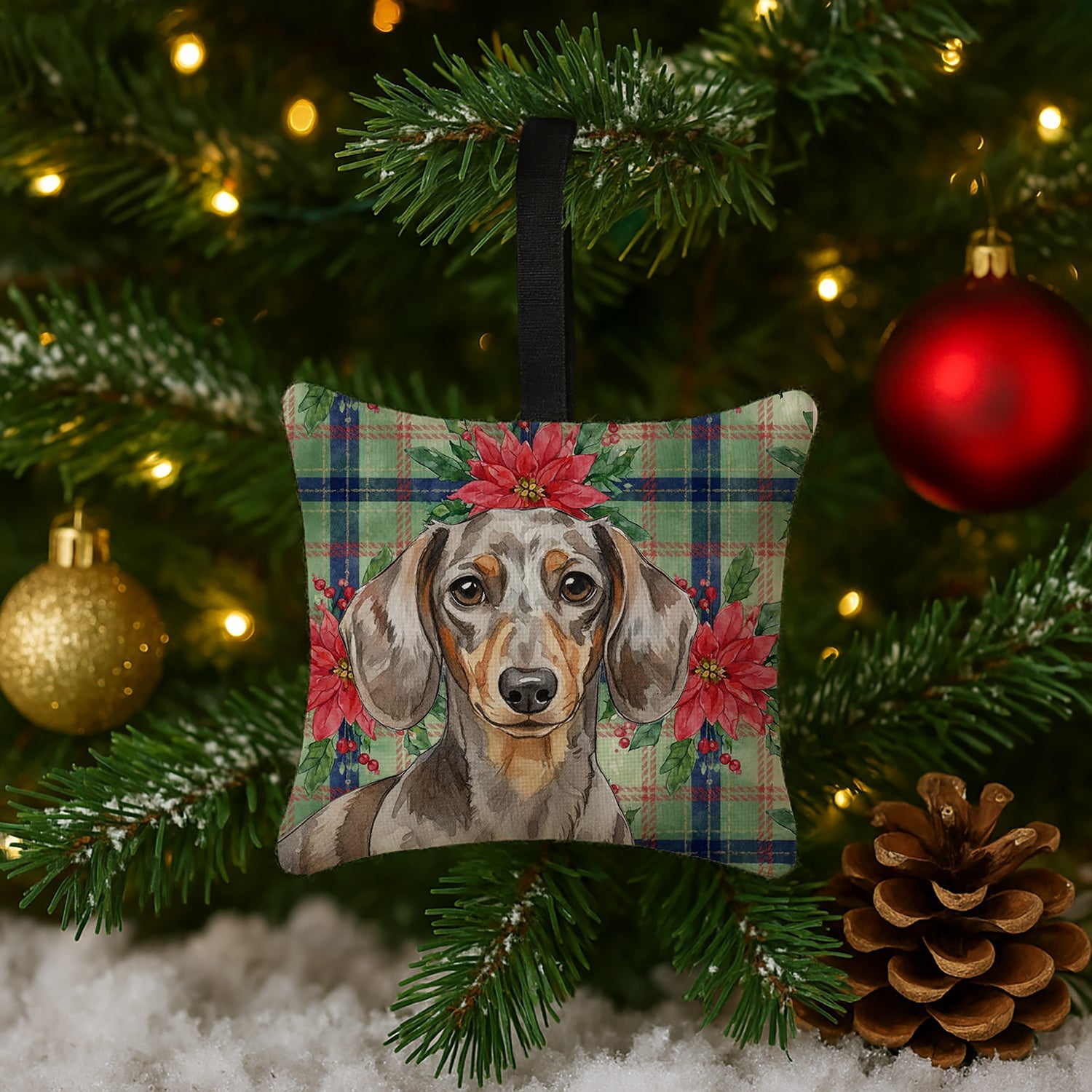 Dapple Dachshund Christmas PoinsettIas Hanging Square Fabric Ornament 3.5 � 3.5 Decorative Door-Knob & Tree Hanger, Soft Fabric