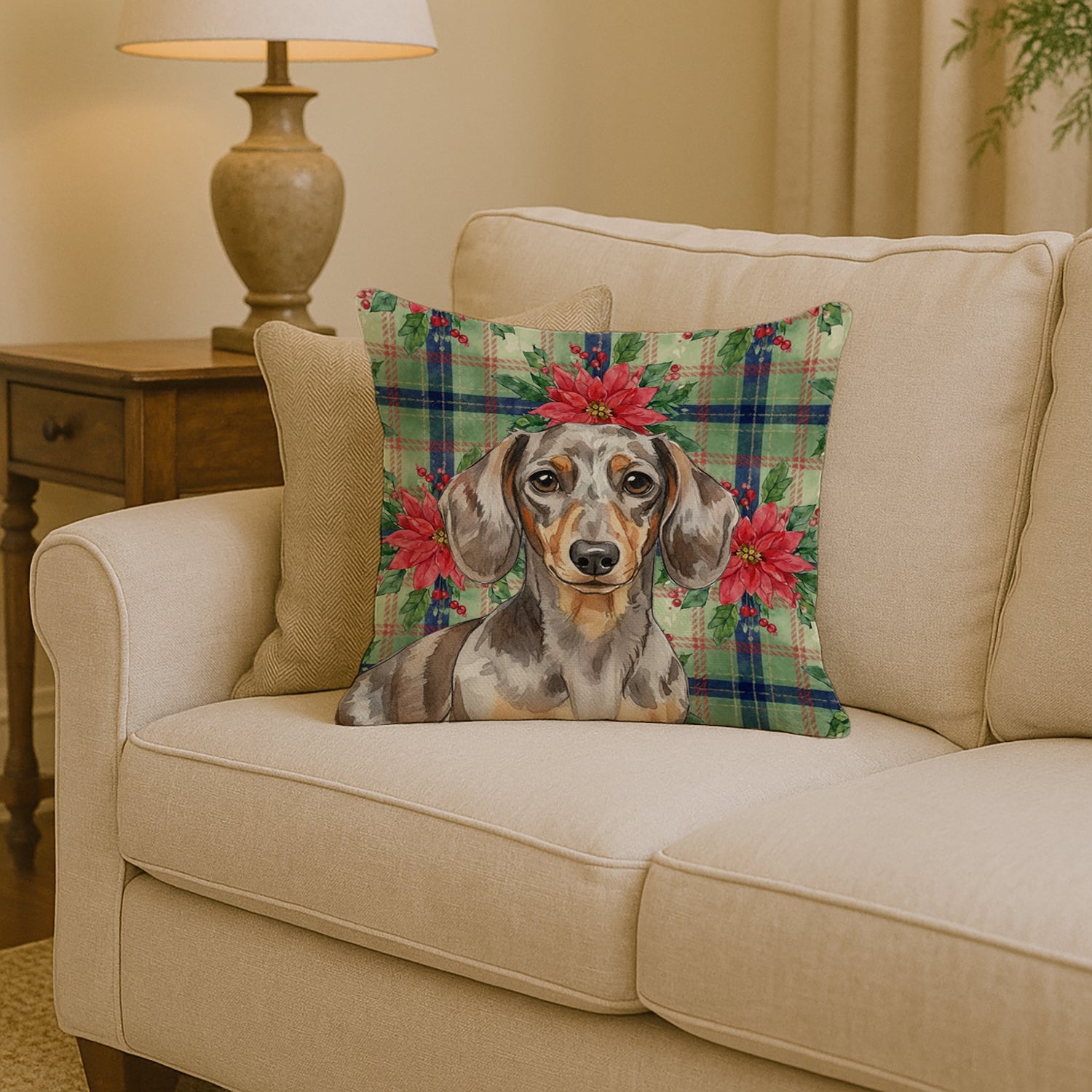 Dapple Dachshund Christmas PoinsettIas Decorative Throw Pillow 14x14 Indoor Outdoor Accent Cushion, Fabric Cover with Insert for Sofa, Bed, Porch & Living Room