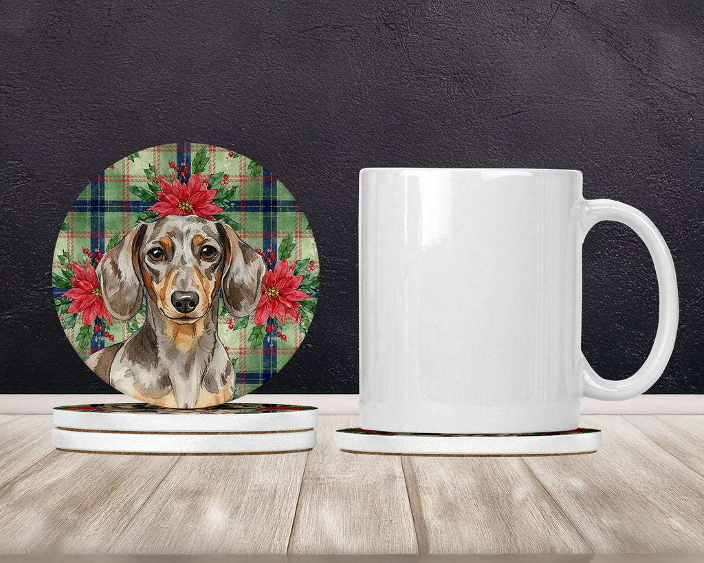 Dapple Dachshund Christmas PoinsettIas Large Sandstone Coasters Pack of 4 Absorbent Round Coasters Decor Gifts for Men or Women, 4 in, Multicolor