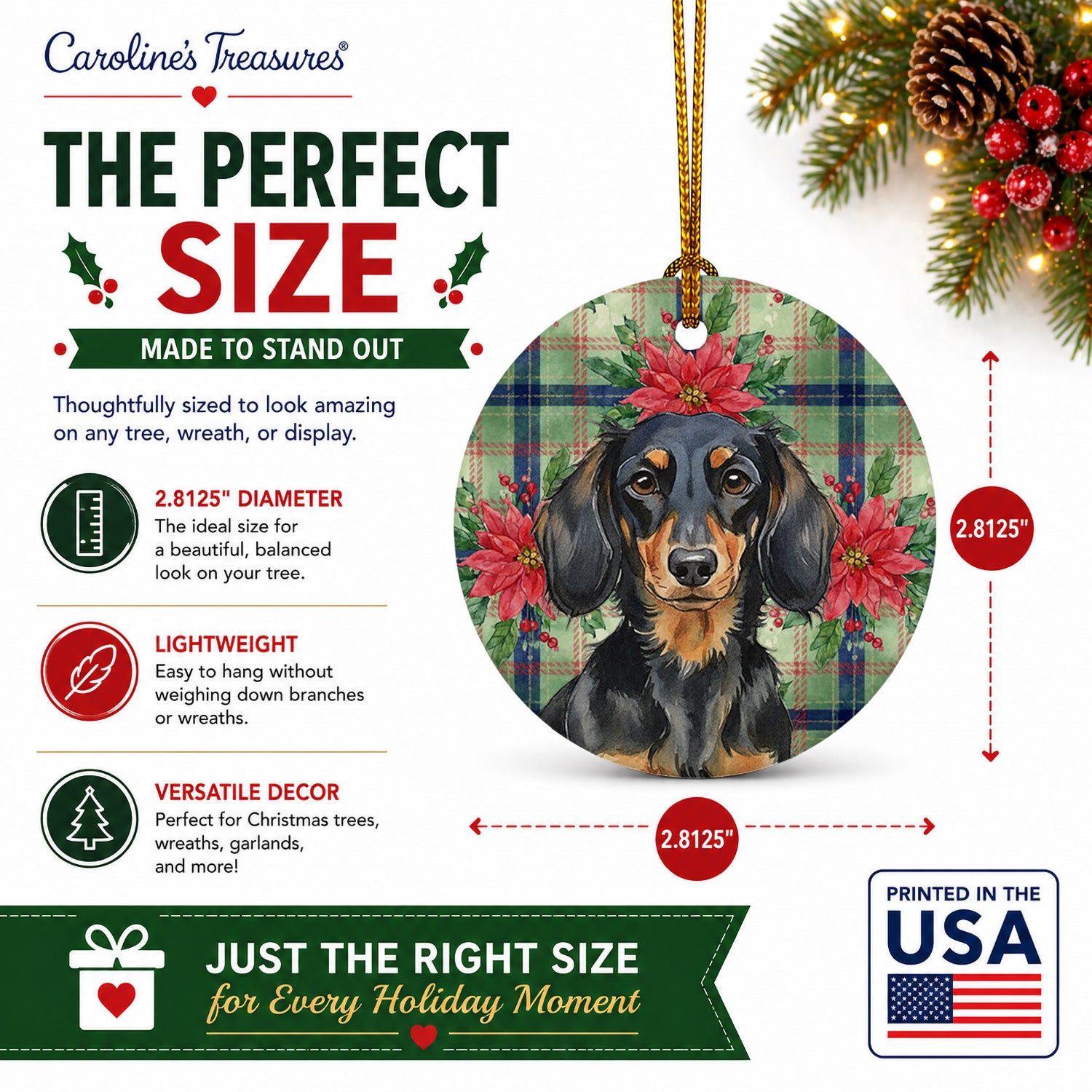 Longhaired Black and Tan Dachshund Christmas PoinsettIas Ceramic Ornament Christmas Tree Hanging Decorations for Home Christmas Holiday, Party, Gift, 3 in, Multicolor