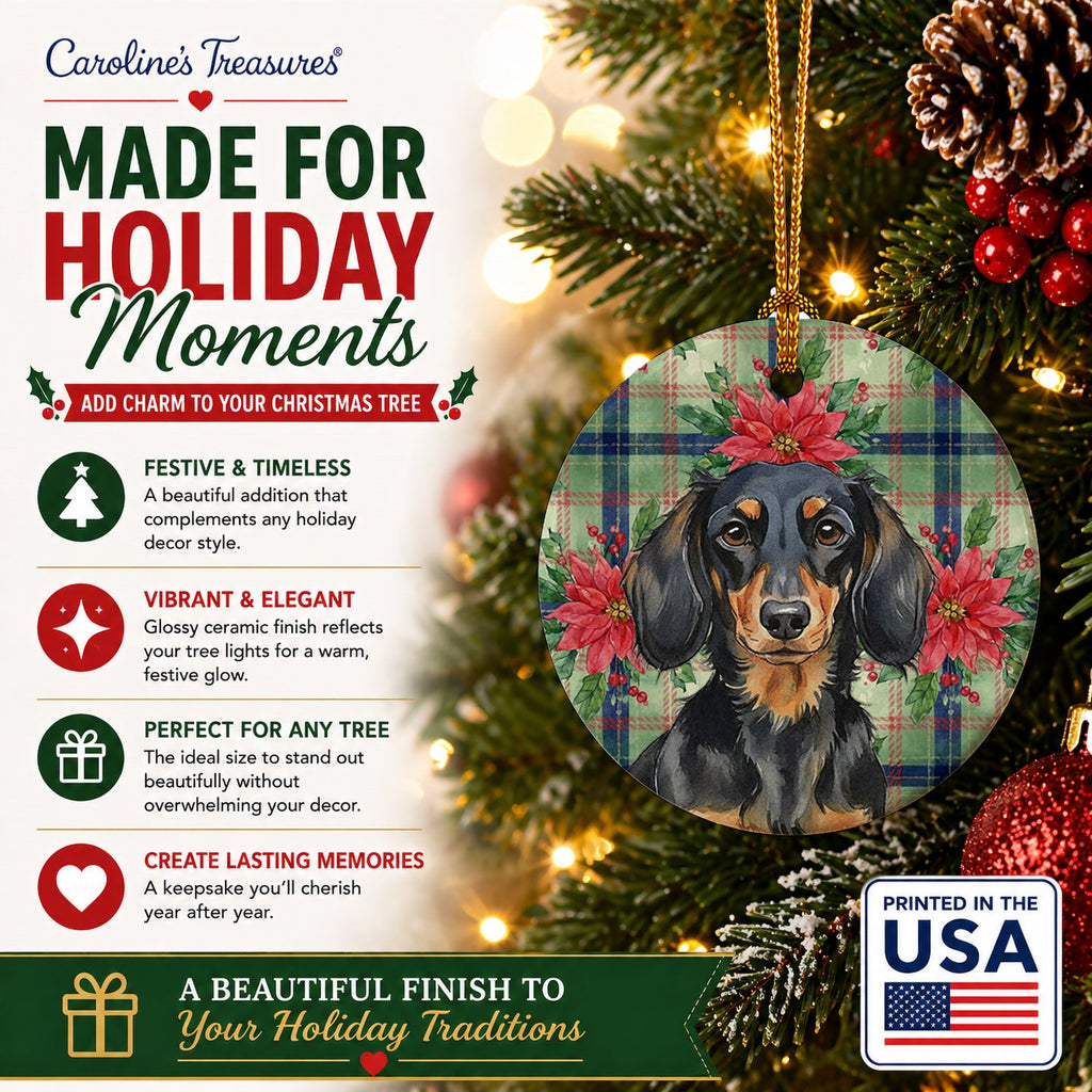 Longhaired Black and Tan Dachshund Christmas PoinsettIas Ceramic Ornament Christmas Tree Hanging Decorations for Home Christmas Holiday, Party, Gift, 3 in, Multicolor