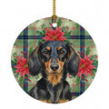 Longhaired Black and Tan Dachshund Christmas PoinsettIas Ceramic Ornament Christmas Tree Hanging Decorations for Home Christmas Holiday, Party, Gift, 3 in, Multicolor
