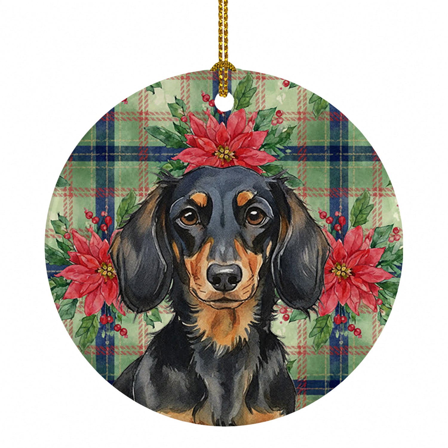 Longhaired Black and Tan Dachshund Christmas PoinsettIas Ceramic Ornament Christmas Tree Hanging Decorations for Home Christmas Holiday, Party, Gift, 3 in, Multicolor