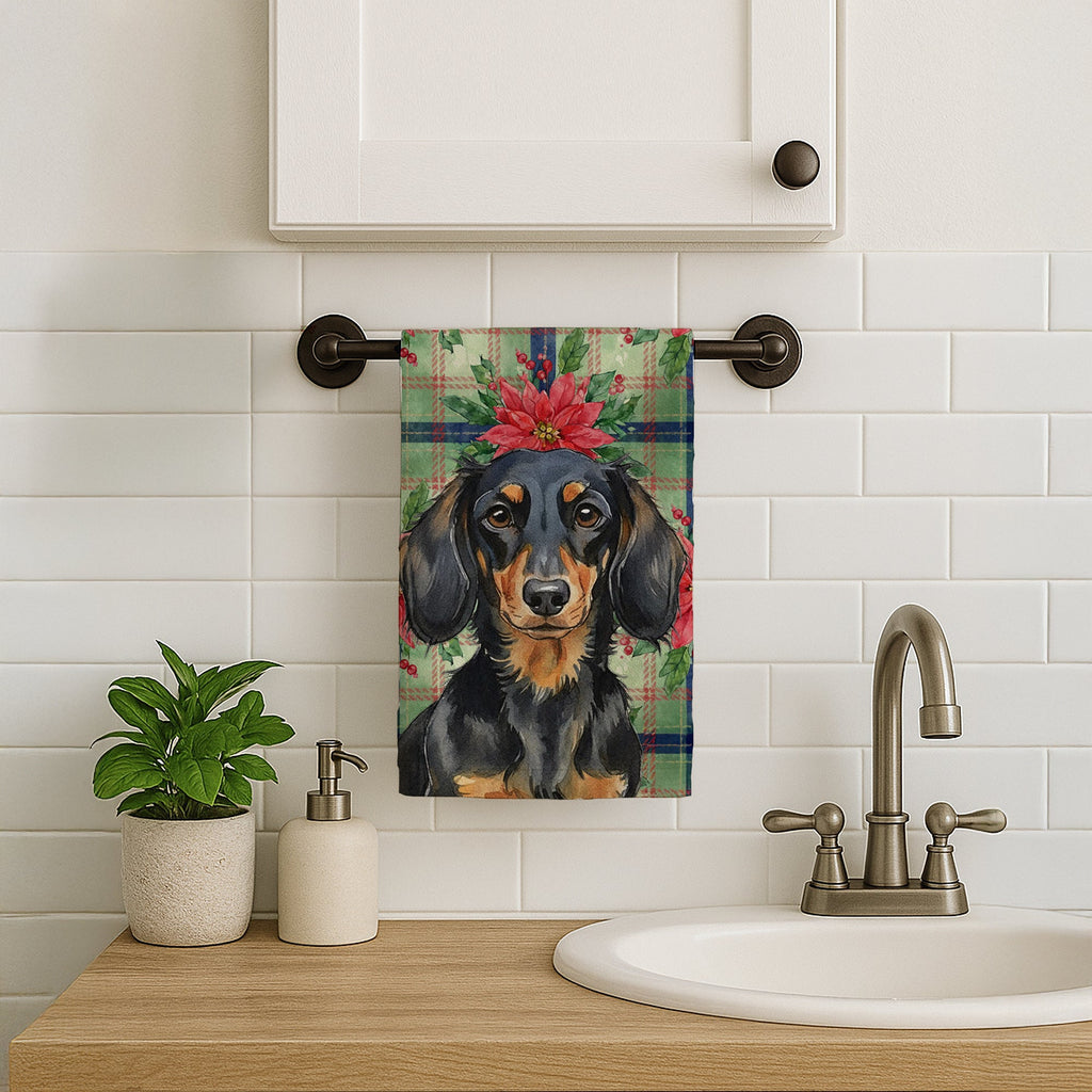 Longhaired Black and Tan Dachshund Christmas PoinsettIas Kitchen Towel Velour Plush Front and Cotton Loop Back Machine Washable