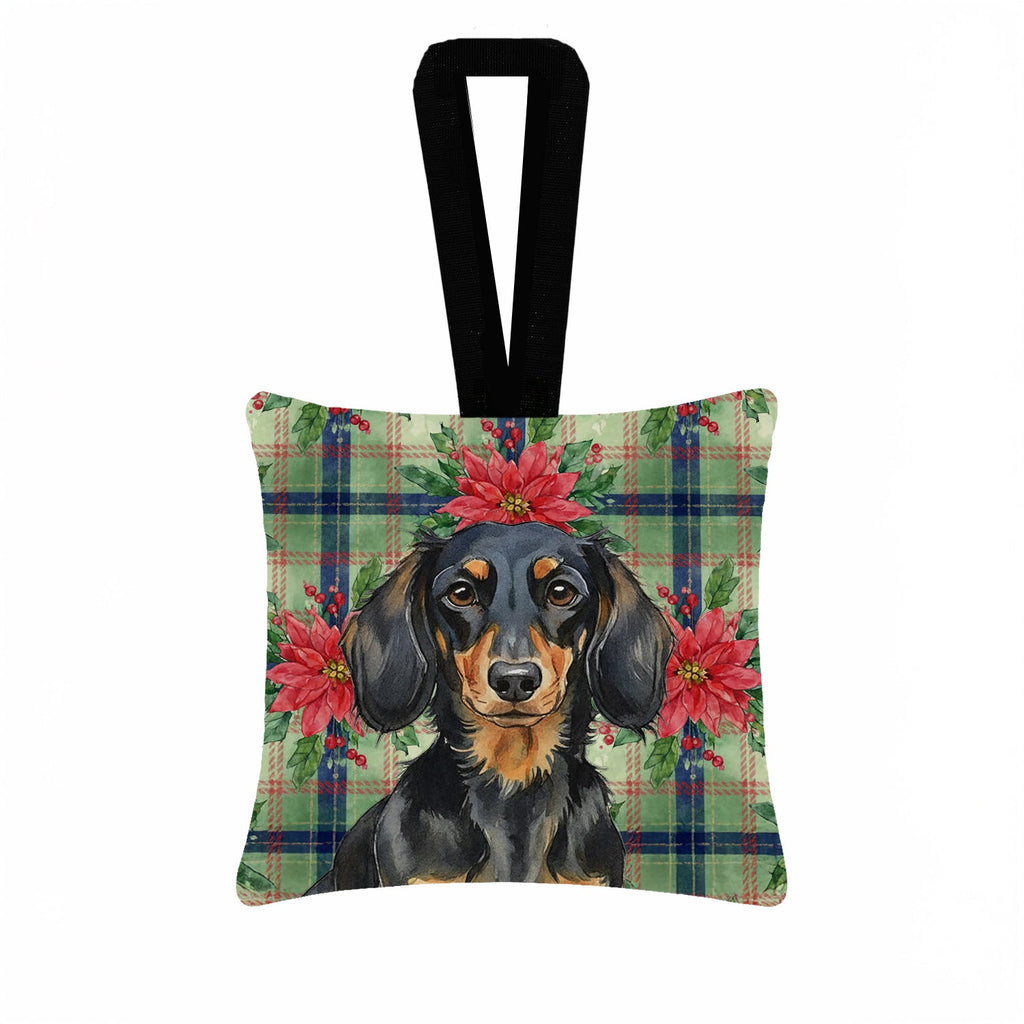 Longhaired Black and Tan Dachshund Christmas PoinsettIas Hanging Square Fabric Ornament 3.5 � 3.5 Decorative Door-Knob & Tree Hanger, Soft Fabric