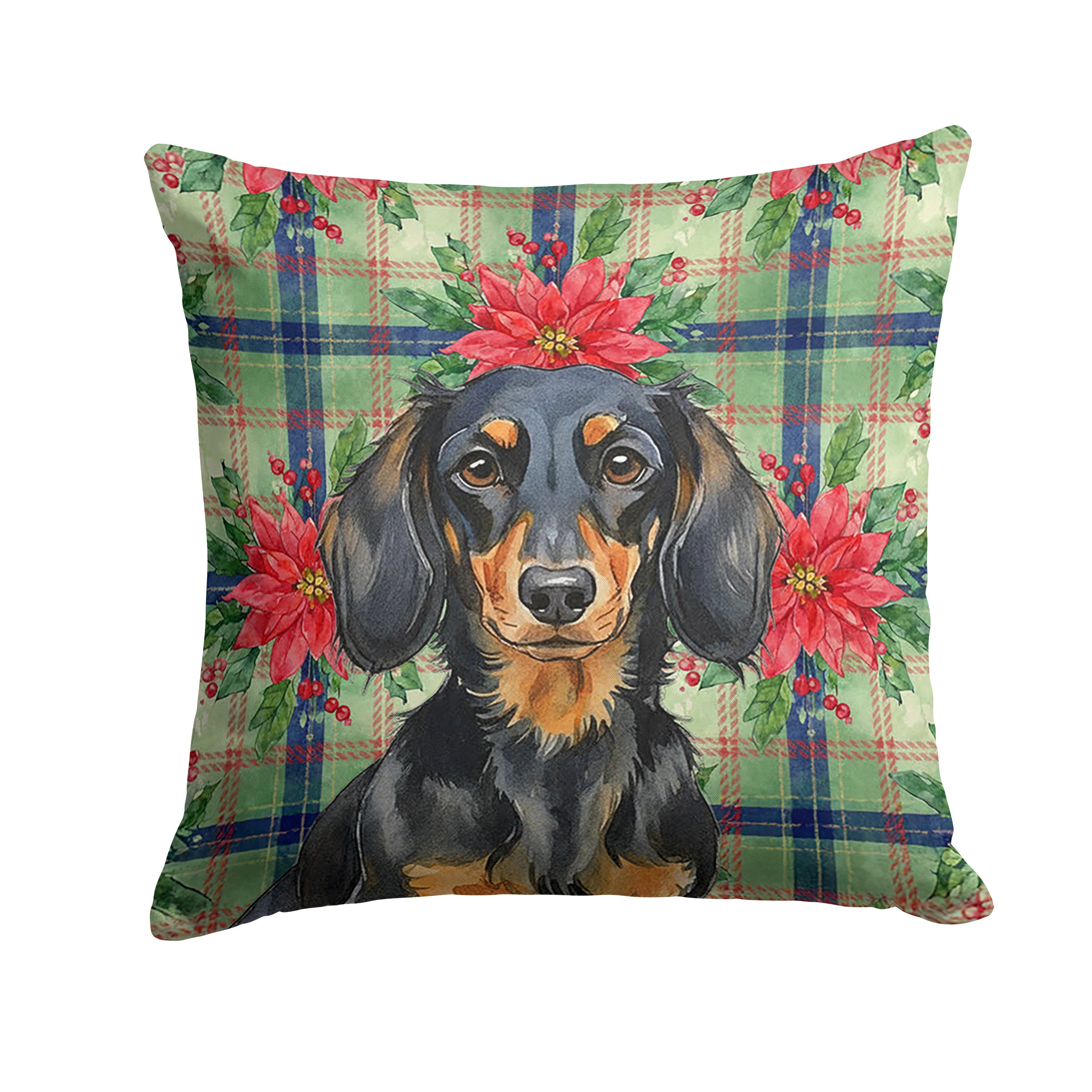 Longhaired Black and Tan Dachshund Christmas PoinsettIas Decorative Throw Pillow 18x18 Indoor Outdoor Accent Cushion, Fabric Cover with Insert for Sofa, Bed, Porch & Living Room