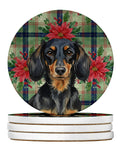 Longhaired Black and Tan Dachshund Christmas PoinsettIas Large Sandstone Coasters Pack of 4 Absorbent Round Coasters Decor Gifts for Men or Women, 4 in, Multicolor
