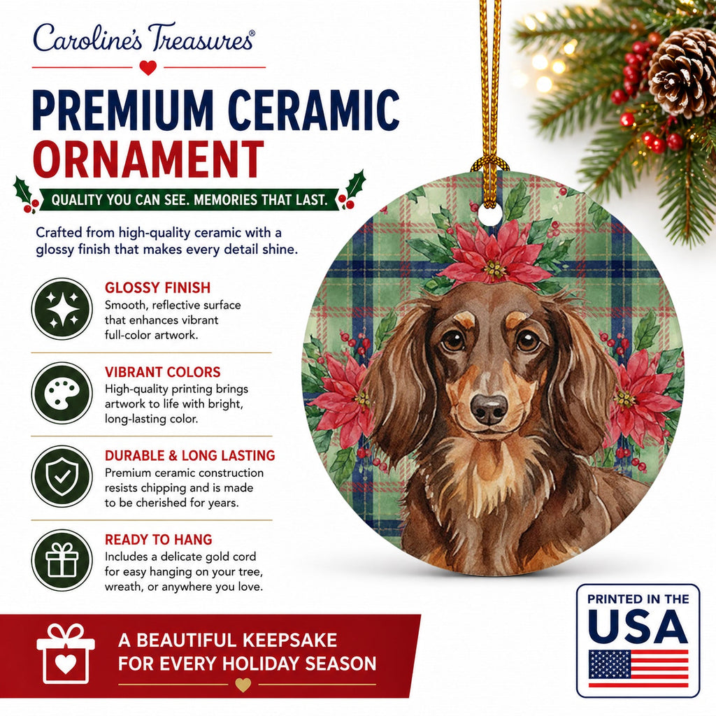Longhaired Chocolate and Tan Dachshund Christmas PoinsettIas Ceramic Ornament Christmas Tree Hanging Decorations for Home Christmas Holiday, Party, Gift, 3 in, Multicolor