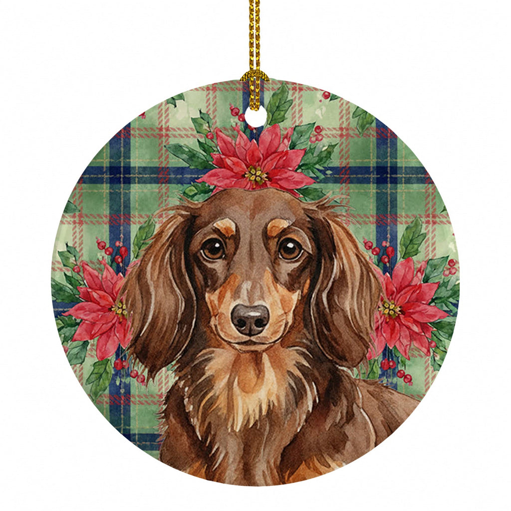 Longhaired Chocolate and Tan Dachshund Christmas PoinsettIas Ceramic Ornament Christmas Tree Hanging Decorations for Home Christmas Holiday, Party, Gift, 3 in, Multicolor