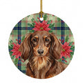 Longhaired Chocolate and Tan Dachshund Christmas PoinsettIas Ceramic Ornament Christmas Tree Hanging Decorations for Home Christmas Holiday, Party, Gift, 3 in, Multicolor